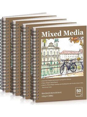 4 Pack 9x12 Spiral Bound Mixed Media Sketchbooks - 200 Sheets for Artists
